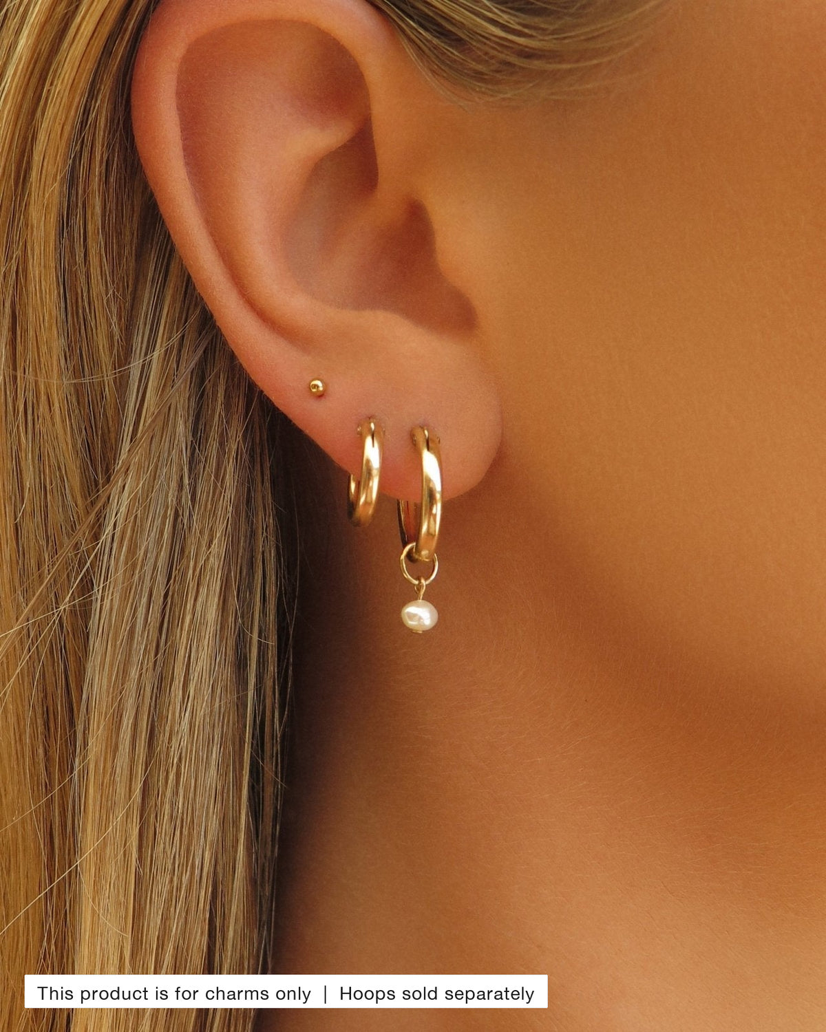 Freshwater Pearl Hoop Earring Charms styled on Thick Hoop Earrings in an ear stack | The Littl