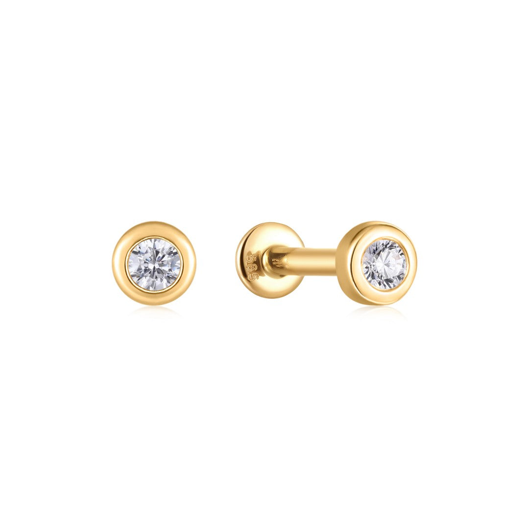 Round natural diamond bezel flat back piercing stud in 14k solid gold