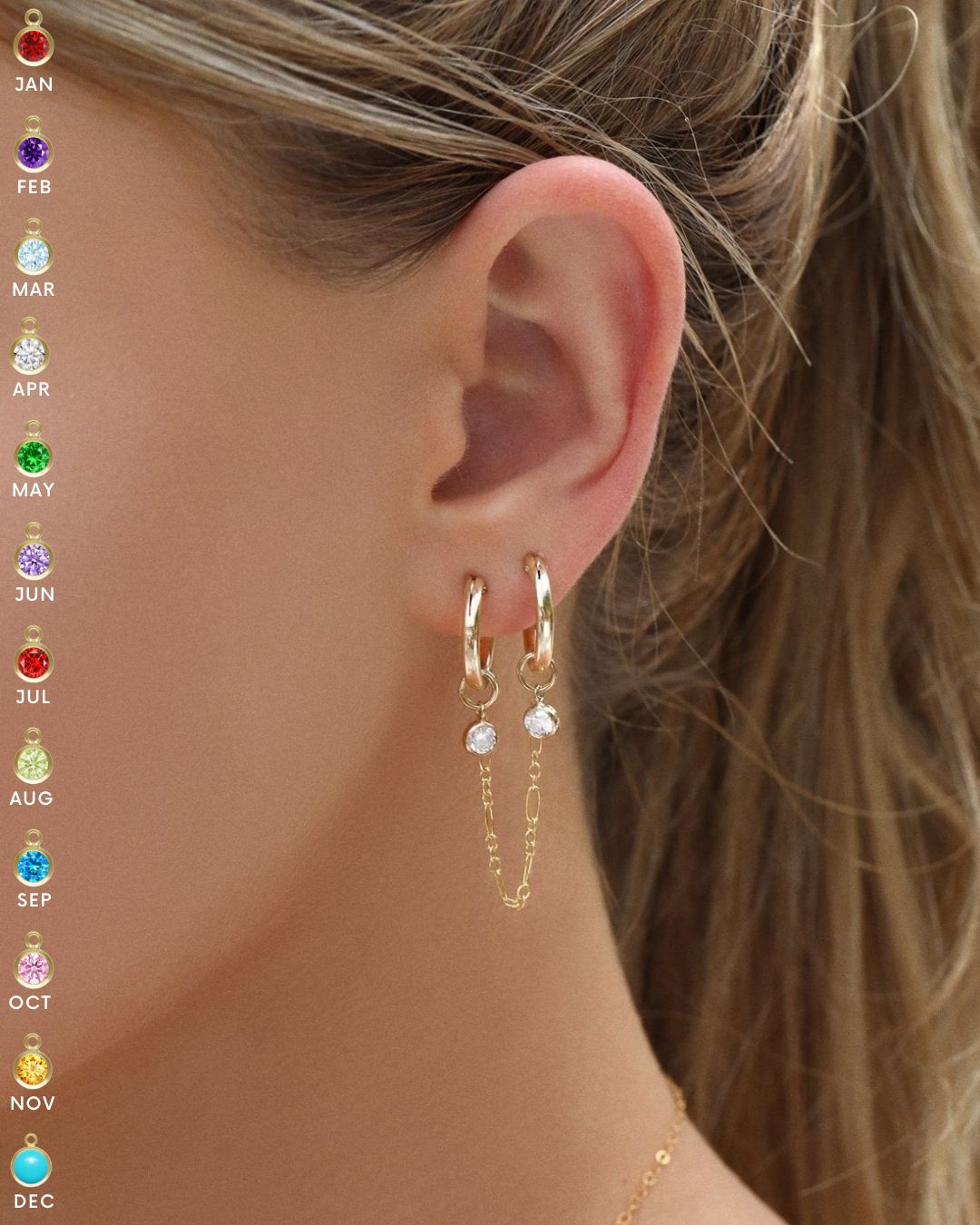 Double Piercing Birthstone Thick Hoop Earrings  - 14k Yellow Gold Fill