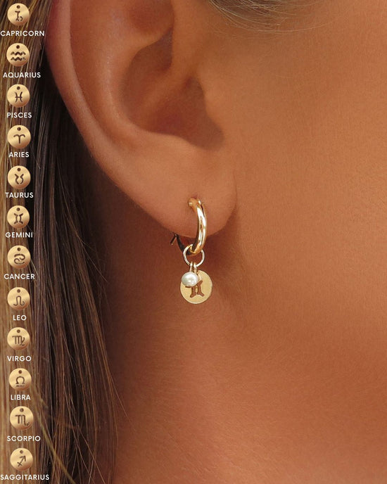 Freshwater Pearl Zodiac Thick Hoop Earrings  - 14k Yellow Gold Fill
