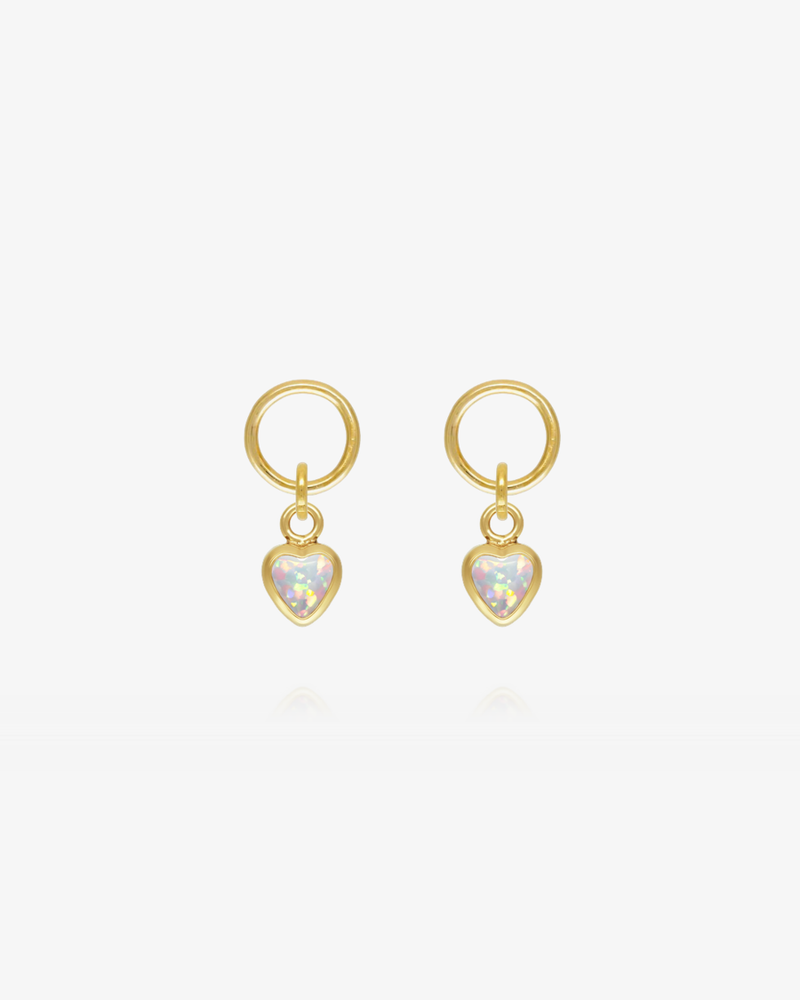 Heart White Bello Opal Hoop Earring Charms - 14k Yellow Gold Fill