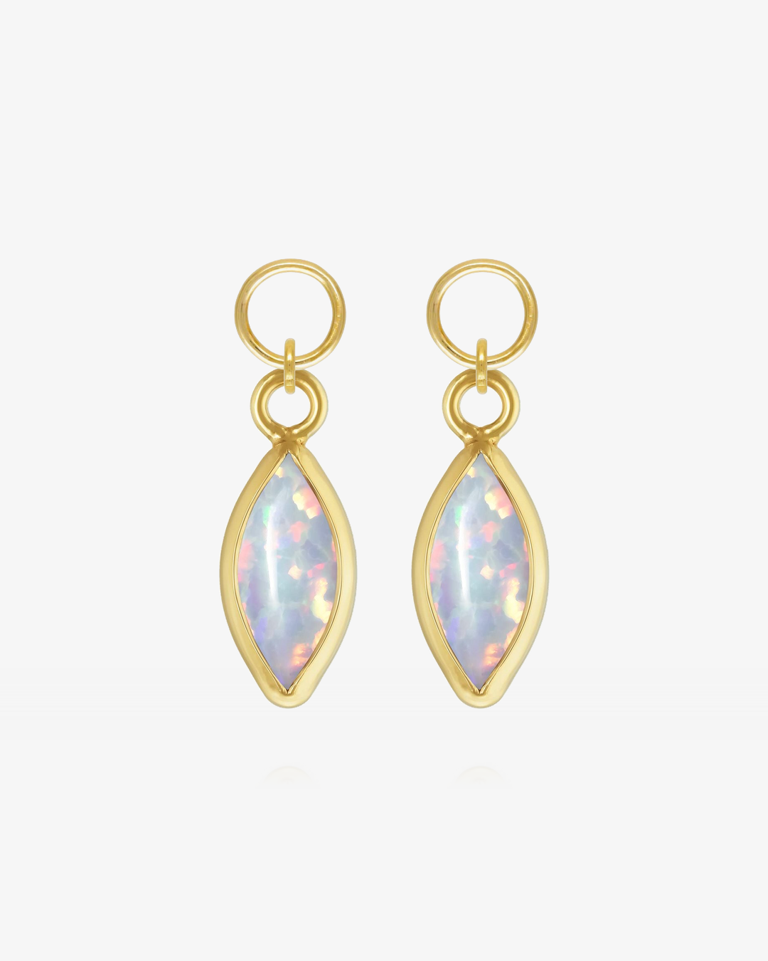 Pair of White Bello Opal marquise hoop earring charms in 14k gold fill, the June birthstone