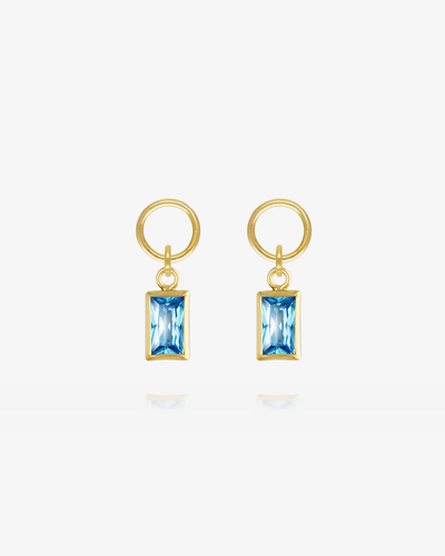 Pair of Blue Topaz CZ rectangle hoop earring charms in 14k gold fill, the December birthstone