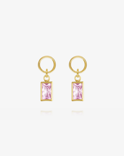 Pair of Pink CZ rectangle hoop earring charms in 14k gold fill, the October birthstone