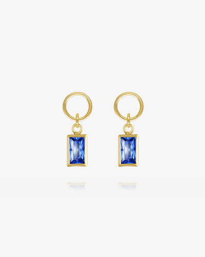 Pair of Sapphire CZ rectangle hoop earring charms in 14k gold fill, the September birthstone