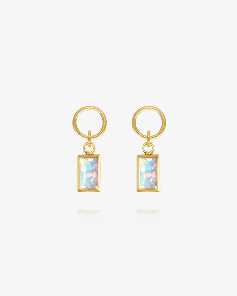 Rectangle White Bello Opal Hoop Earring Charms - 14k Yellow Gold Fill