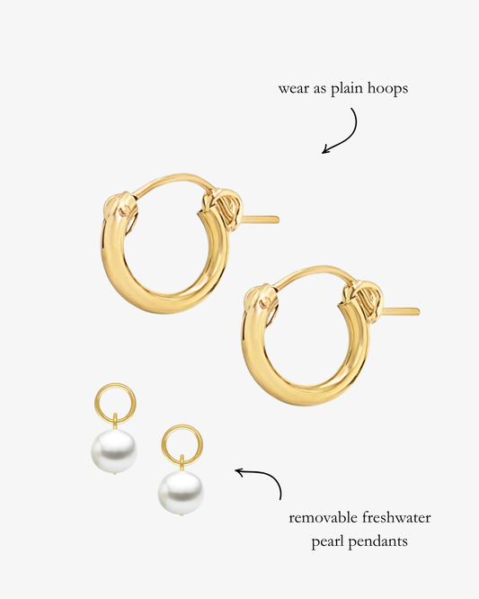 Freshwater Pearl Thick Hoop Earrings - 14k Yellow Gold Fill