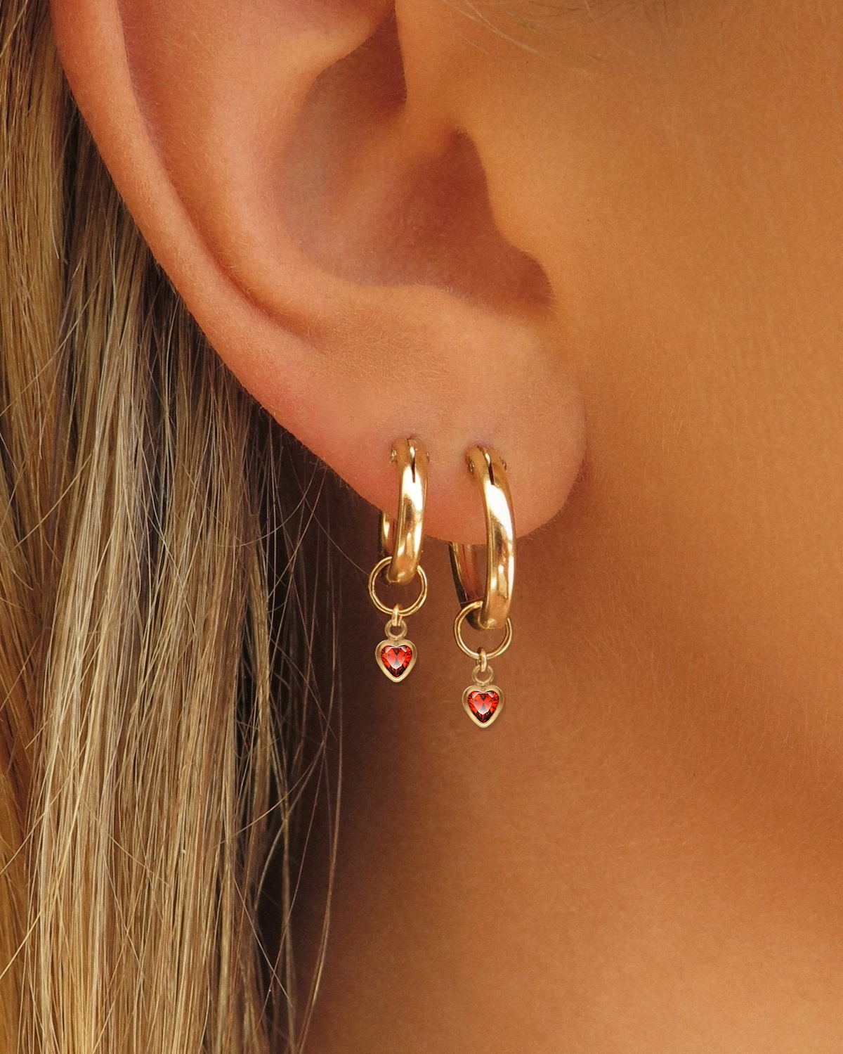 Heart Garnet CZ Hoop Earring Charms worn on Thick Hoop Earrings