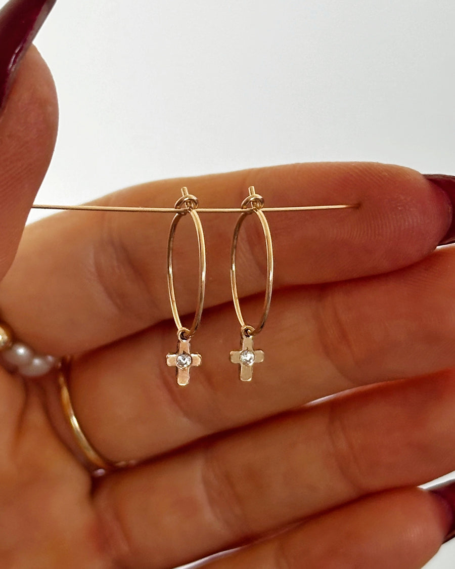 Mini CZ Cross Hoop Earrings - 14k Yellow Gold Fill