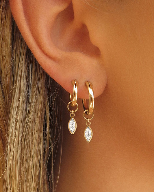 Marquise White CZ Hoop Earring Charms worn on Thick Hoop Earrings