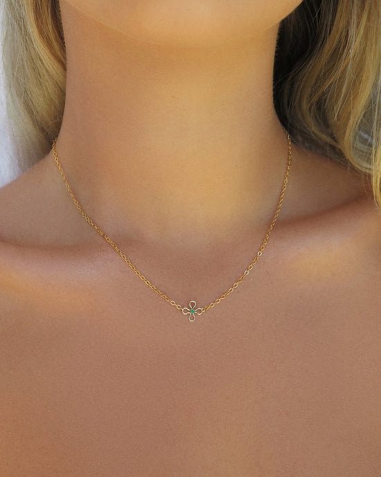 Emerald CZ Flower Necklace  - 14k Yellow Gold Fill