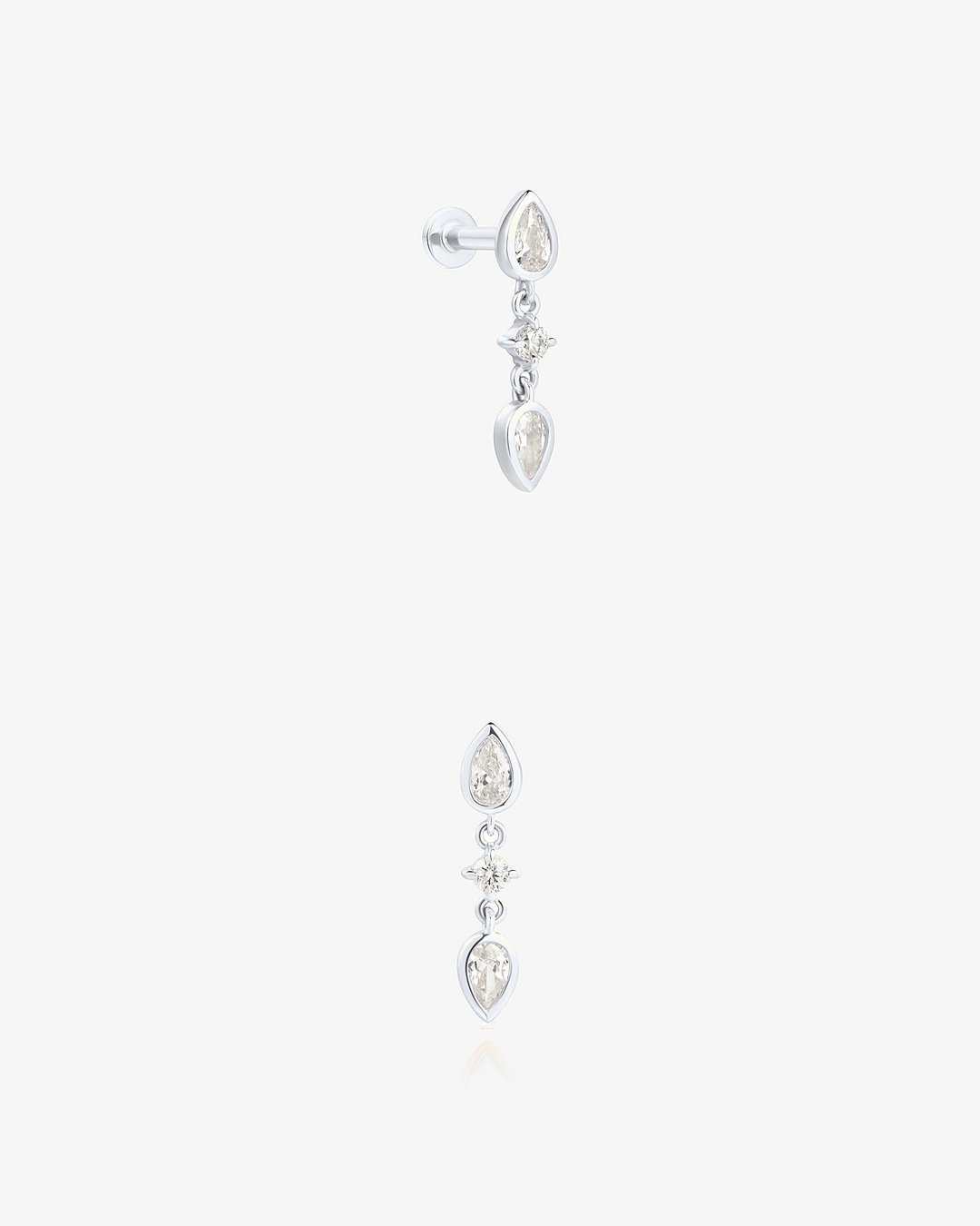 Lab-Grown Diamond Double Pear Drop Flatback Piercing in 14k solid white gold, side and front view