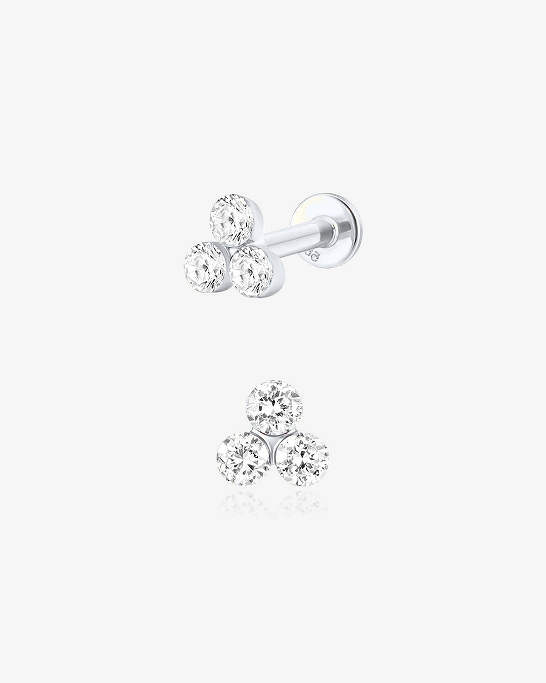 Lab-Grown Diamond Triangle Cluster Flatback Piercing in 14k solid white gold, side and front view