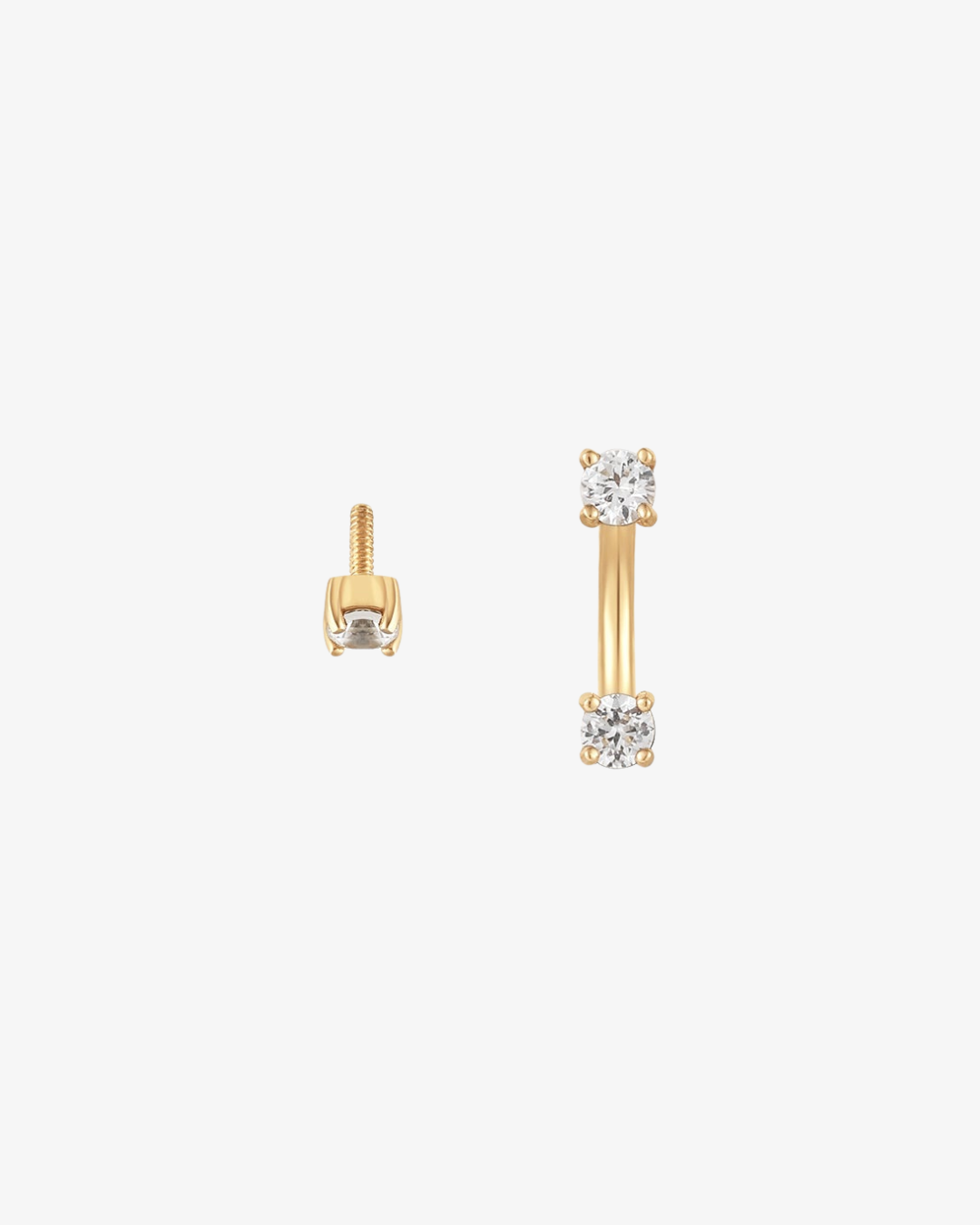 Lab-grown diamond U hoop piercing in 14k solid gold, front view beside its screw-off diamond end