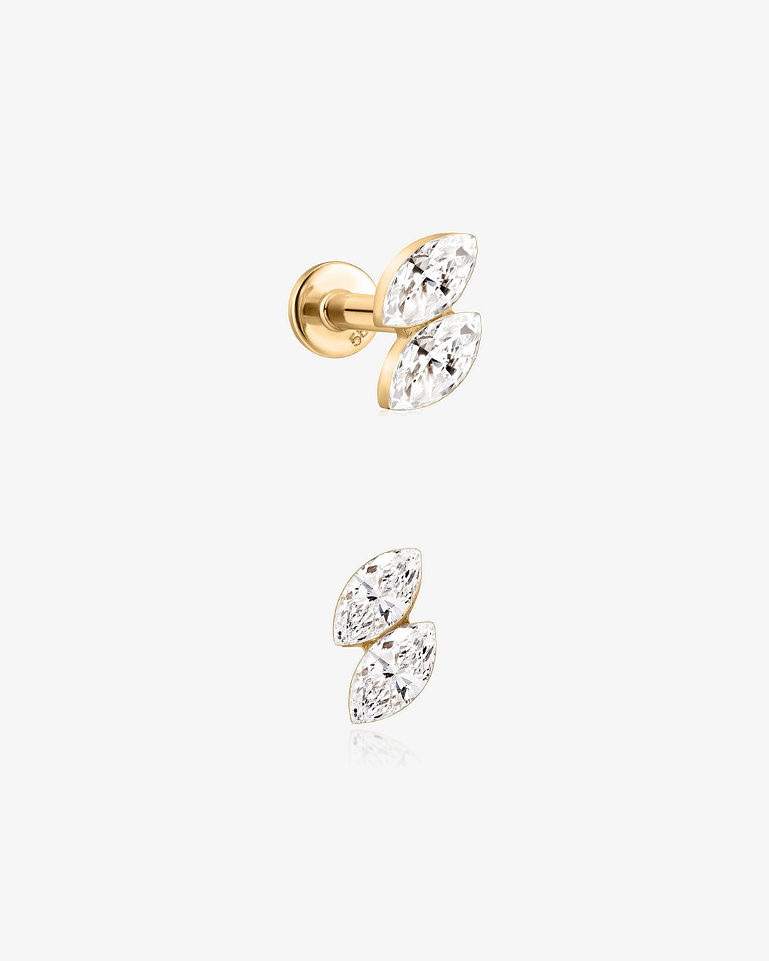 Twin Marquise Lab-Grown Diamond Flatback Piercing in 14k solid gold, side and front view