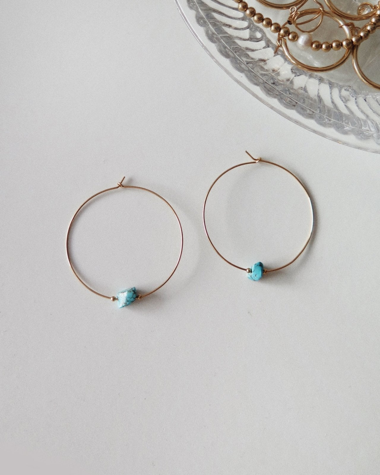 LARGE TURQUOISE HOOP EARRINGS - The Littl - 14k Yellow Gold Fill -