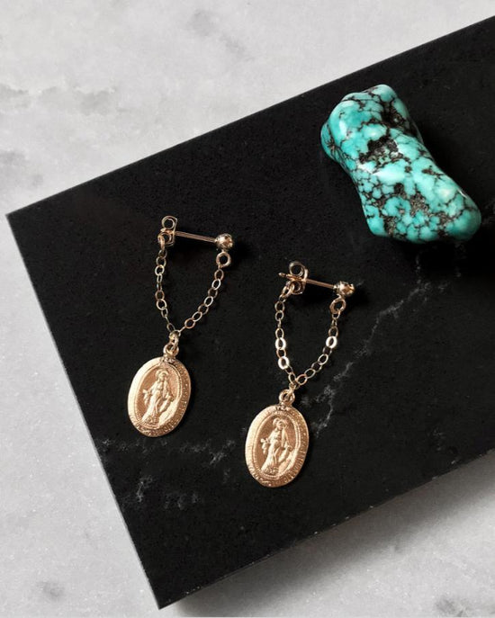MIRACULOUS MEDAL CHAIN STUD EARRINGS- 14k Yellow Gold - The Littl - 3cm -