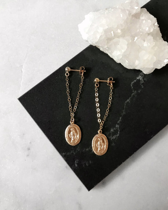 MIRACULOUS MEDAL CHAIN STUD EARRINGS- 14k Yellow Gold - The Littl - 3cm -