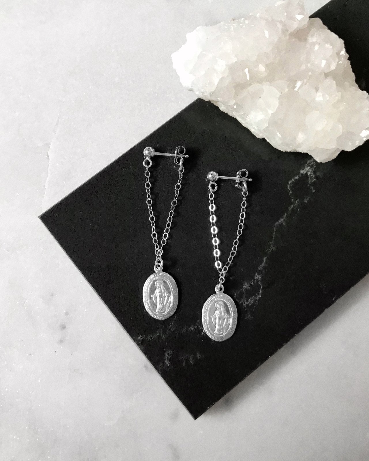 MIRACULOUS MEDAL CHAIN STUD EARRINGS- Sterling Silver - The Littl - 3cm -