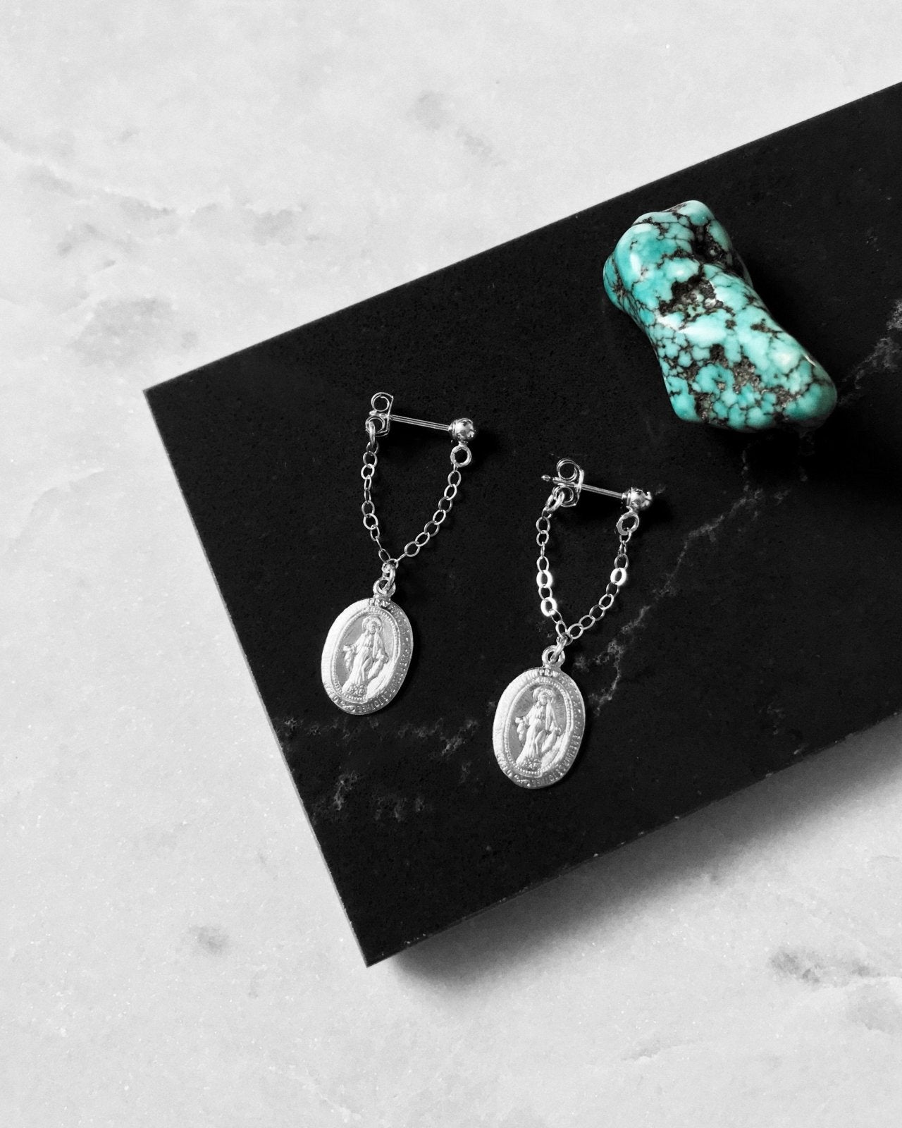 MIRACULOUS MEDAL CHAIN STUD EARRINGS- Sterling Silver - The Littl - 3cm -