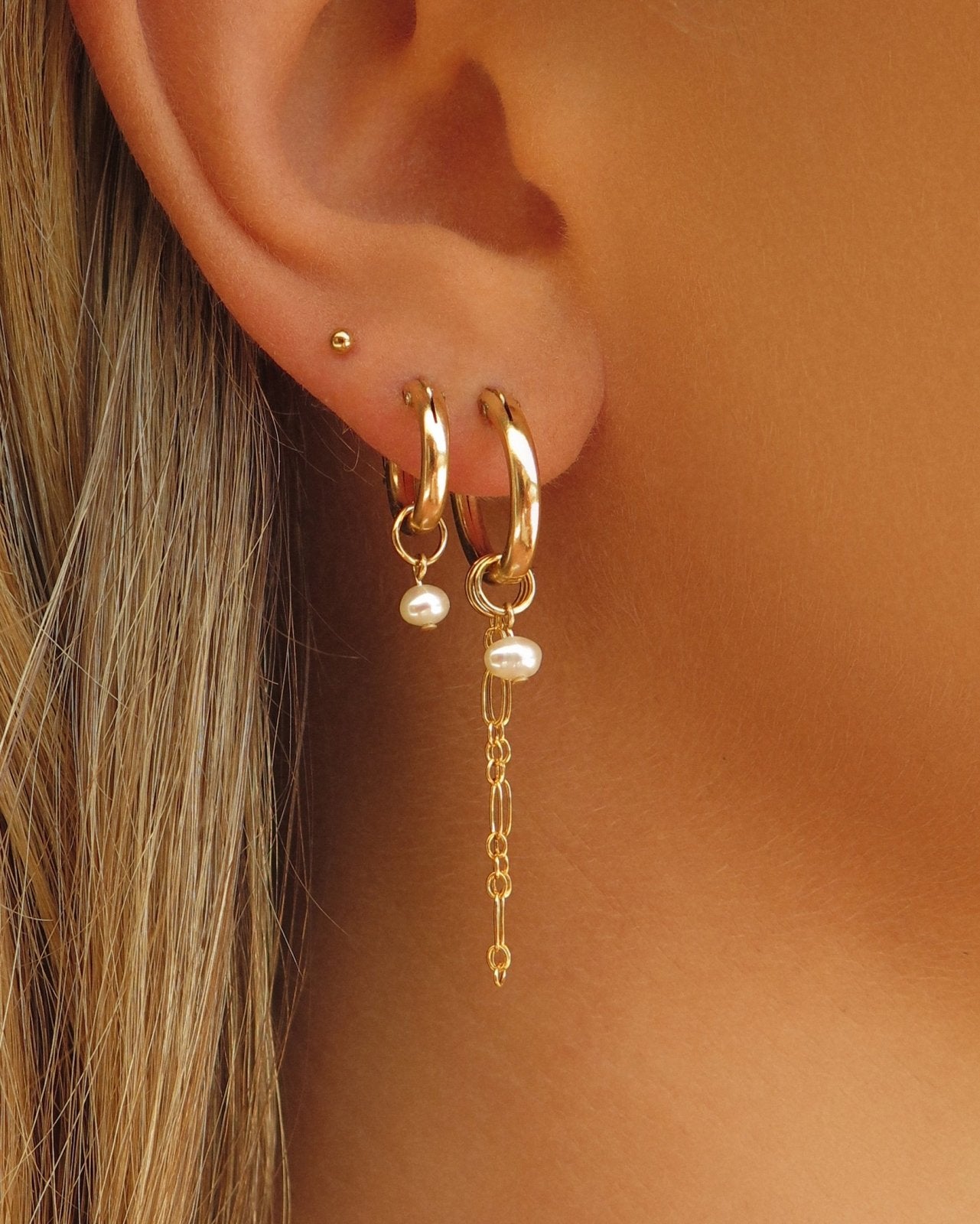 THICK DOUBLE PIERCING FRESHWATER PEARL HOOP EARRINGS- 14k Yellow Gold - The Littl - 12mm (both pairs) - 14k Yellow Gold Fill