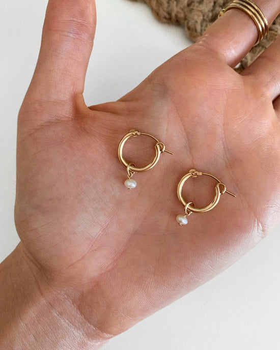 THICK FRESHWATER PEARL HOOP EARRINGS- 14k Yellow Gold - The Littl - 14k Yellow Gold Fill - 12mm | 15mm :