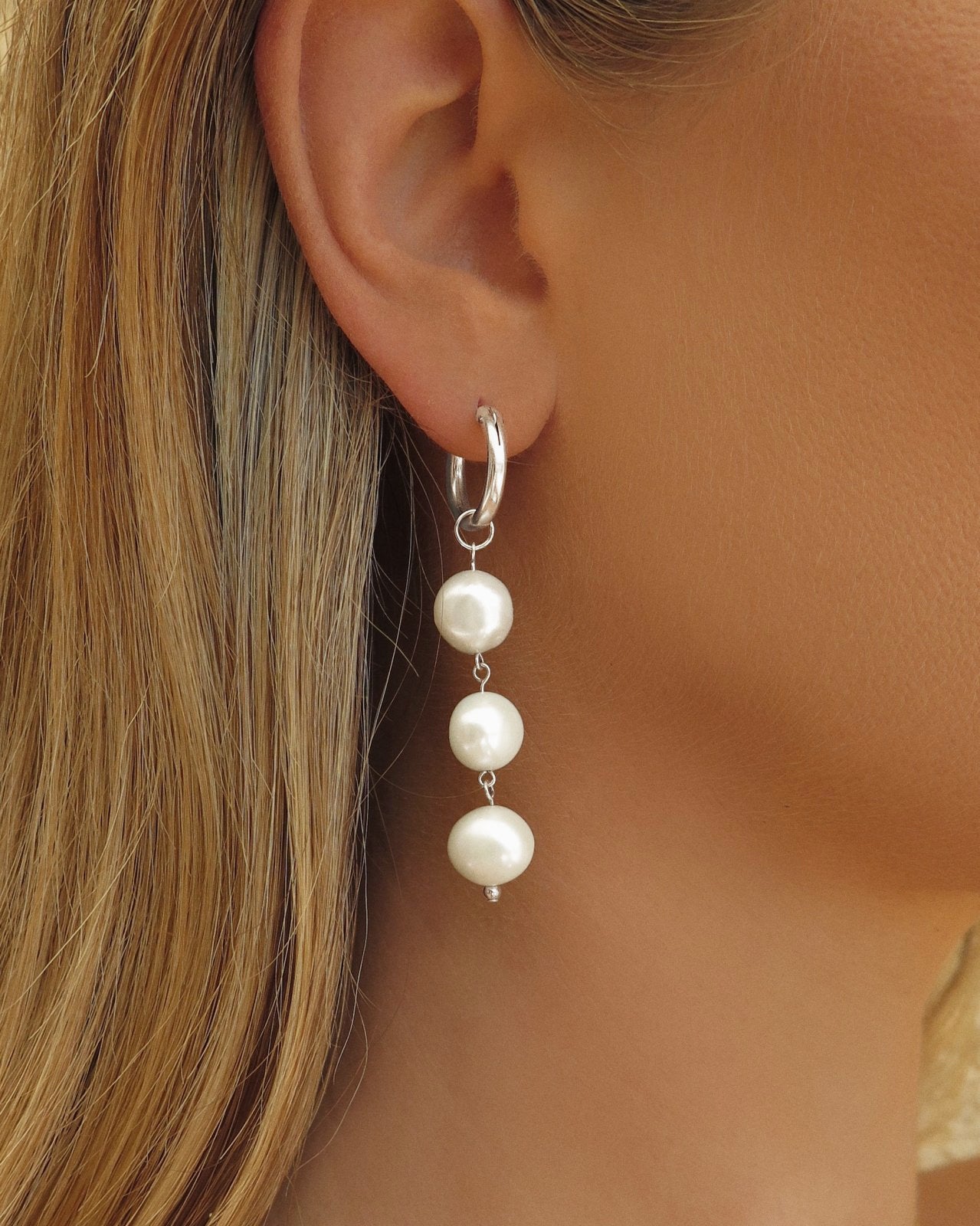 Triple Freshwater Pearl Drop Hoop Earrings  - Sterling Silver