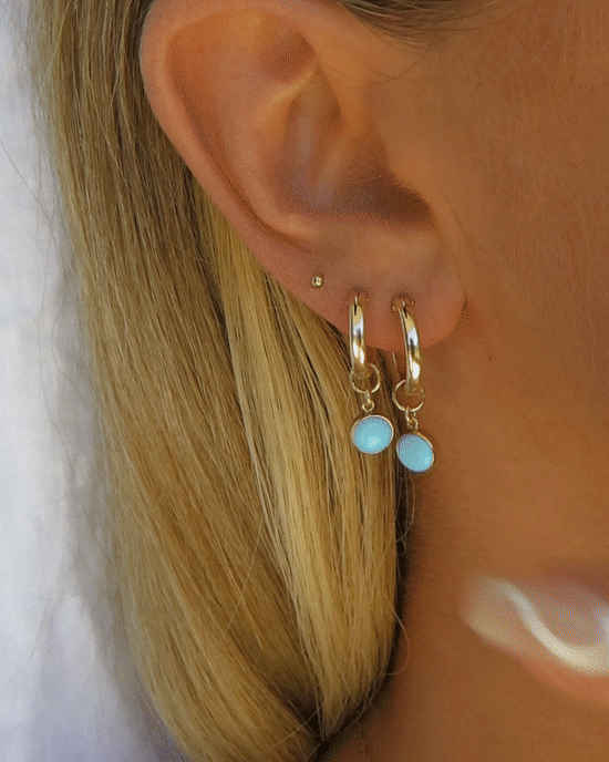 TURQUOISE THICK HOOP EARRINGS- 14k Yellow Gold - The Littl - 12mm -