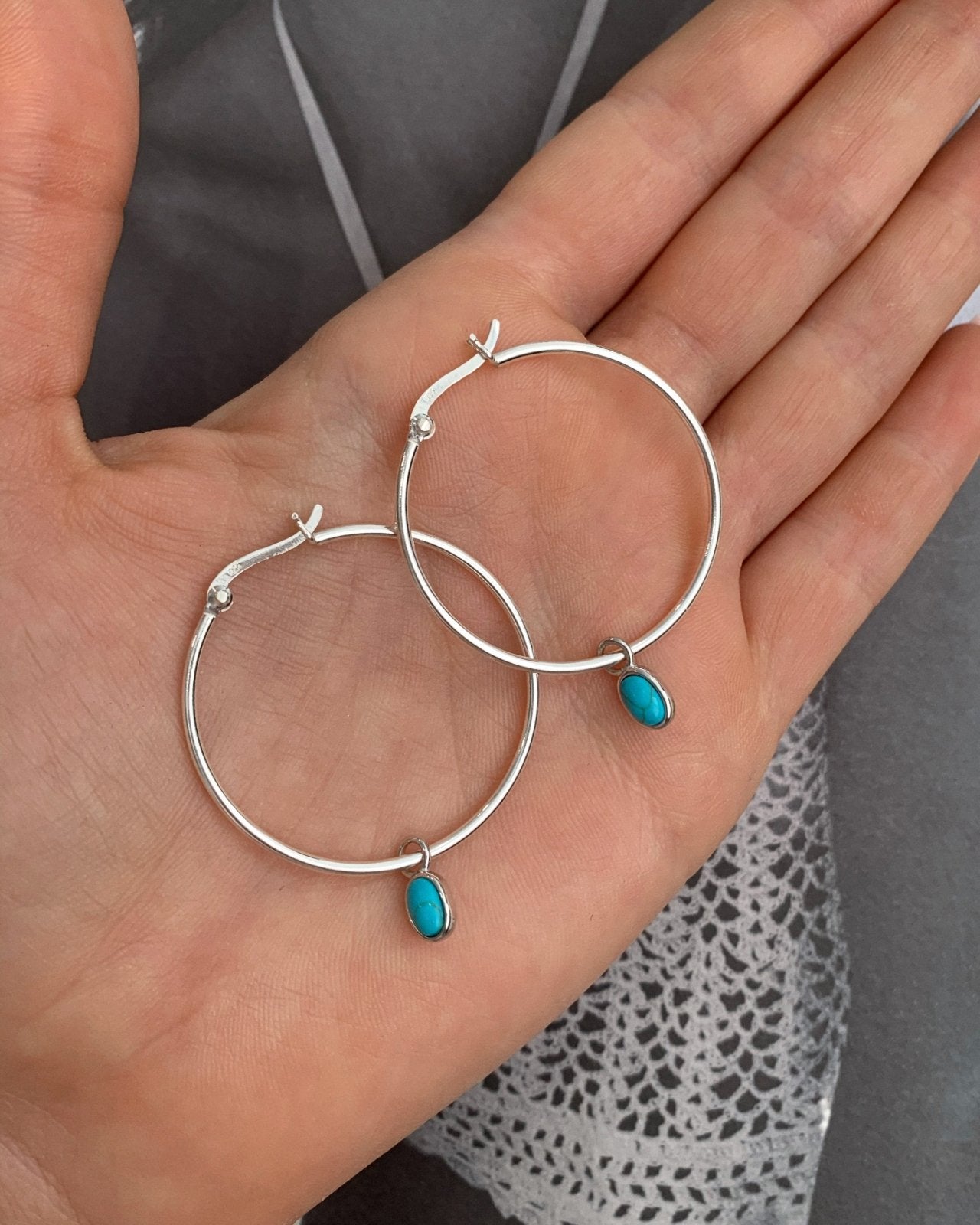 TURQUOISE THICK HOOP EARRINGS- Sterling Silver - The Littl - -