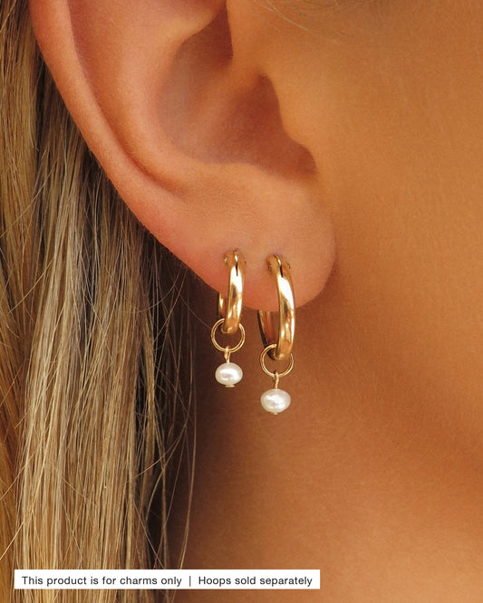 Freshwater Pearl Hoop Earring Charms worn on 14k gold-filled Thick Hoop Earrings - ear close-up | The Littl