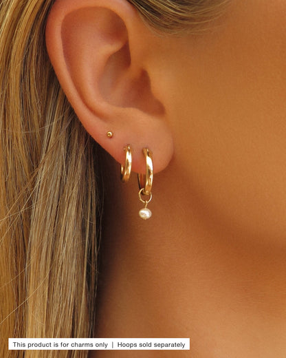 Freshwater Pearl Hoop Earring Charms styled on Thick Hoop Earrings in an ear stack | The Littl