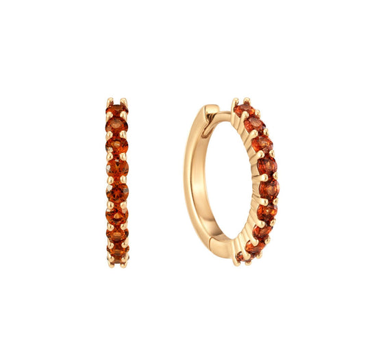 Garnet pave huggie hoop earrings in 14k solid gold, sold as a pair