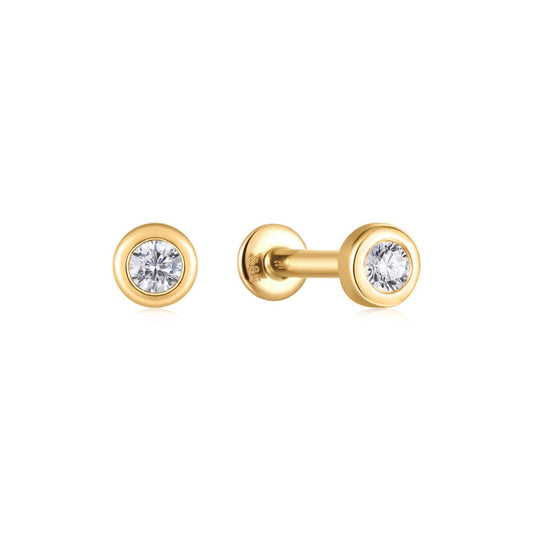 Round natural diamond bezel flat back piercing stud in 14k solid gold