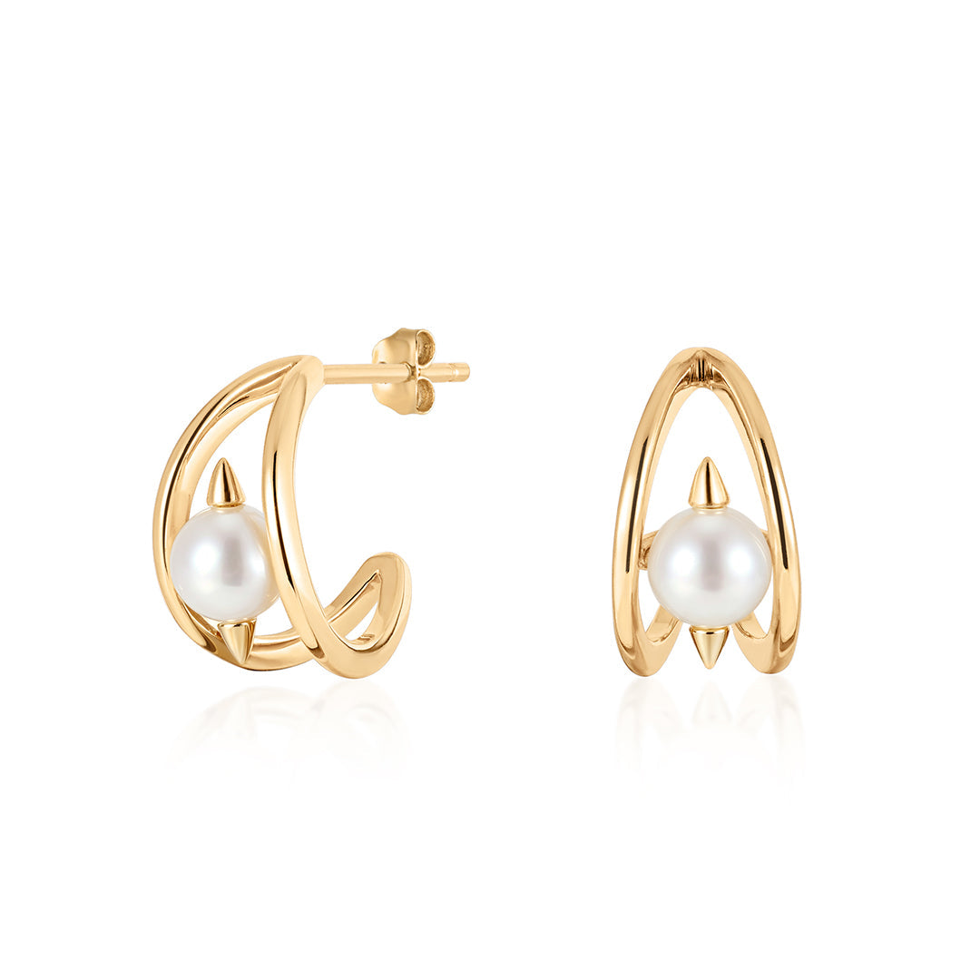 Spike pearl huggie earrings in 14k solid gold with white freshwater pearls