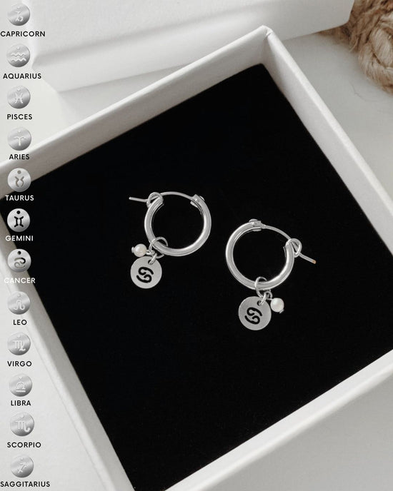 Freshwater Pearl Zodiac Thick Hoop Earrings  - Sterling Silver