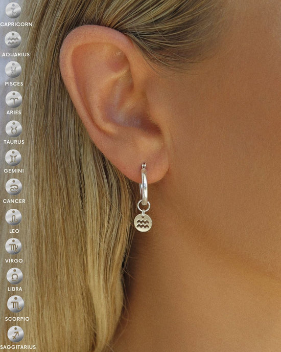 Zodiac Thick Hoop Earrings - Sterling Silver