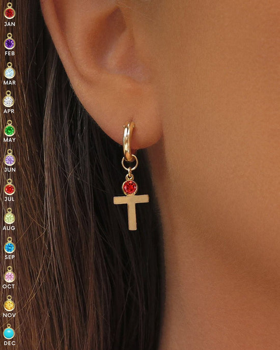 Birthstone Cross Thick Hoop Earrings  - 14k Yellow Gold Fill