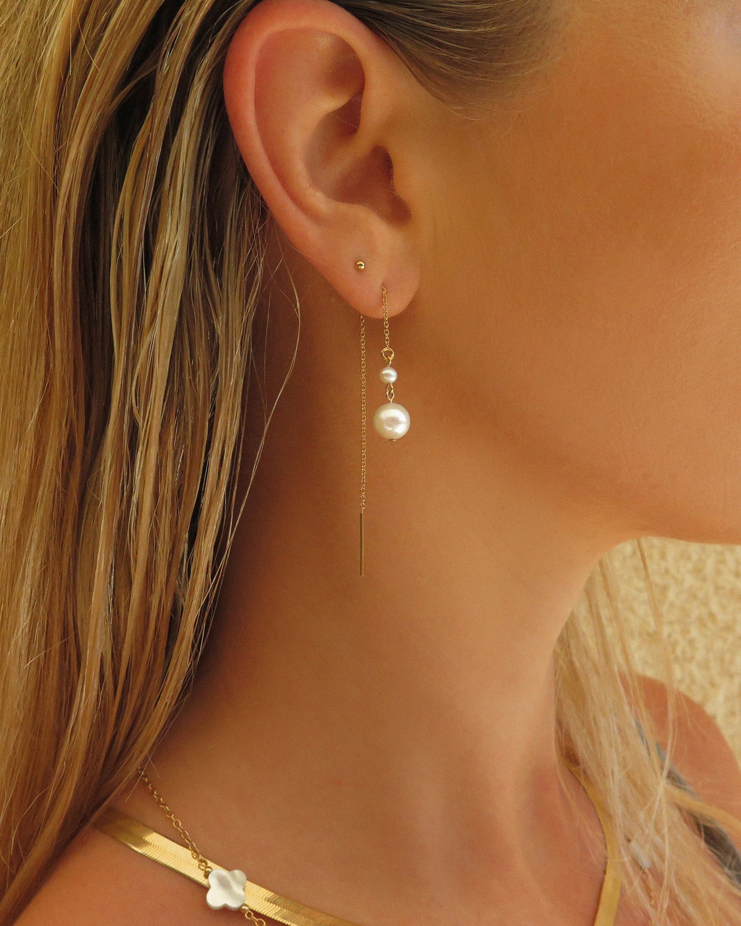 Double Freshwater Pearl Threader Earrings - 14k Yellow Gold Fill