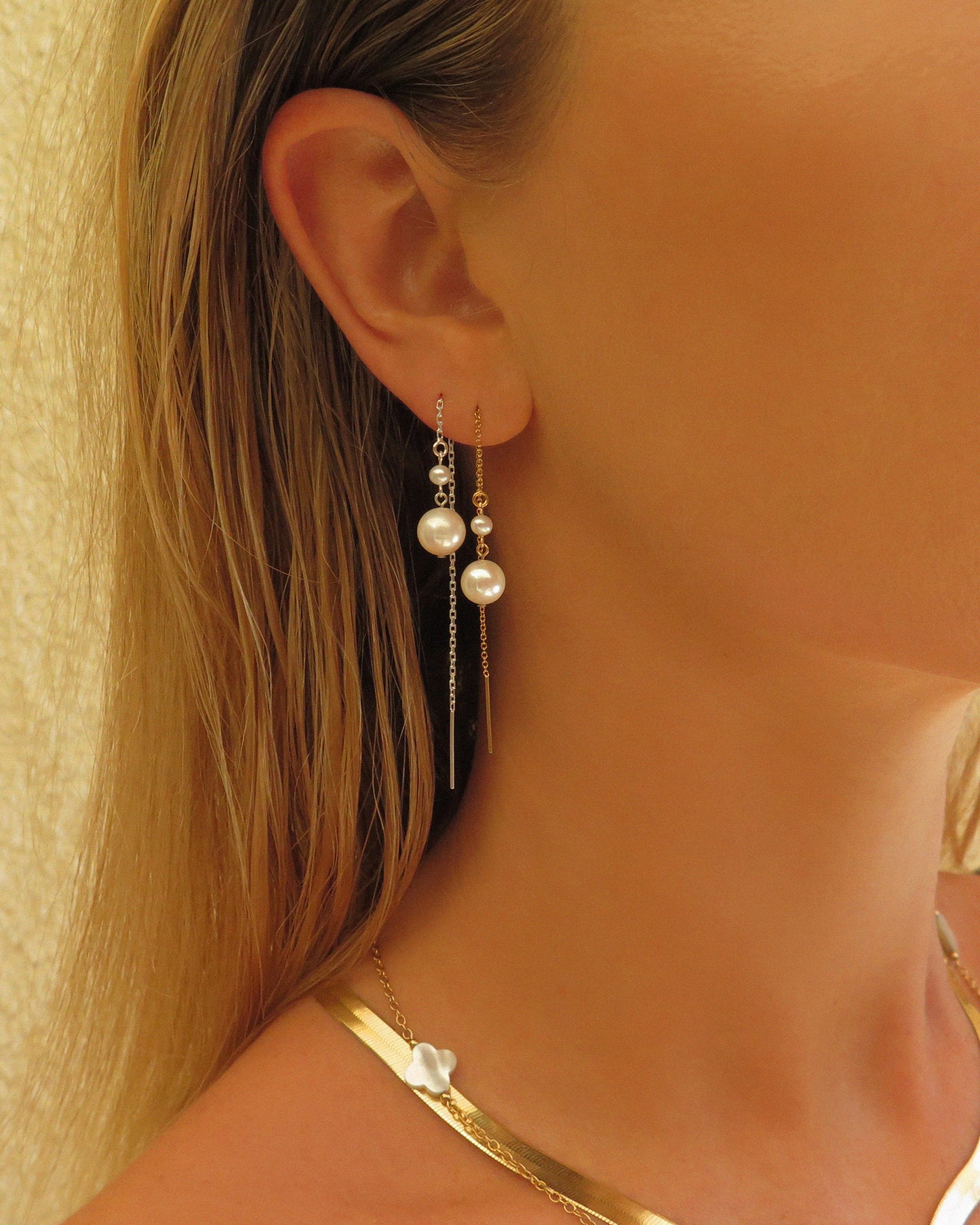 Double Freshwater Pearl Threader Earrings - Sterling Silver