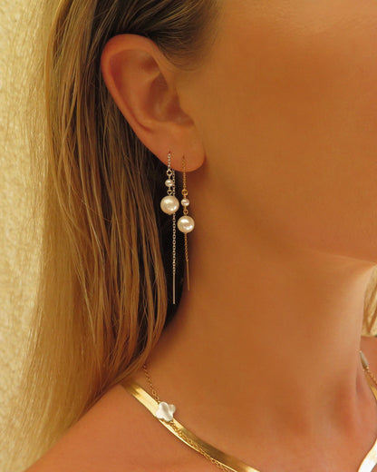 Double Freshwater Pearl Threader Earrings - Sterling Silver - The Littl | Waterproof Gold Jewellery Australia