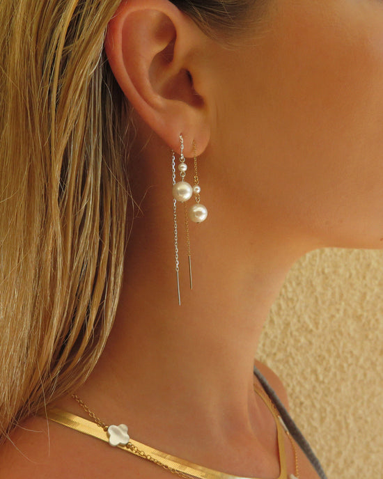 Double Freshwater Pearl Threader Earrings - Sterling Silver