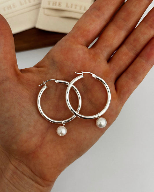 Freshwater Pearl Large Hoop Earrings - Sterling Silver