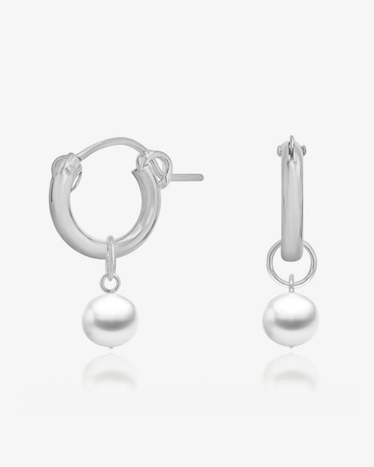 Freshwater Pearl Thick Hoop Earrings - Sterling Silver