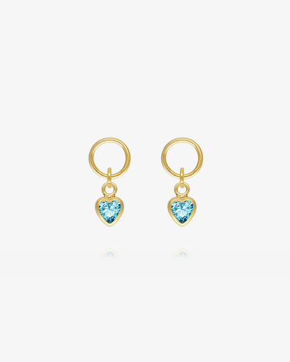 Pair of Blue Topaz CZ heart hoop earring charms in 14k gold fill, the December birthstone