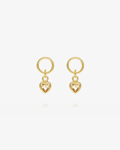 Pair of Citrine CZ heart hoop earring charms in 14k gold fill, the November birthstone