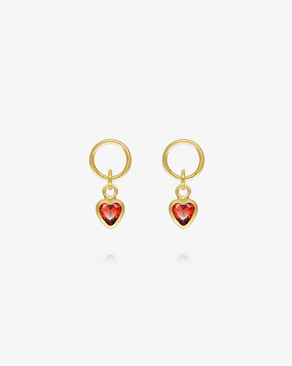Pair of Garnet CZ heart hoop earring charms in 14k gold fill, the January birthstone