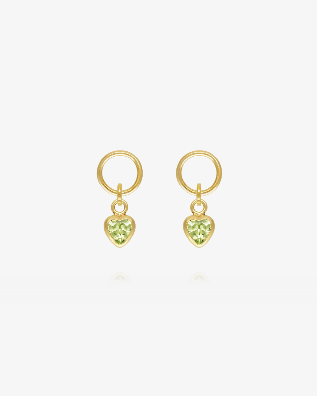 Pair of Peridot CZ heart hoop earring charms in 14k gold fill, the August birthstone