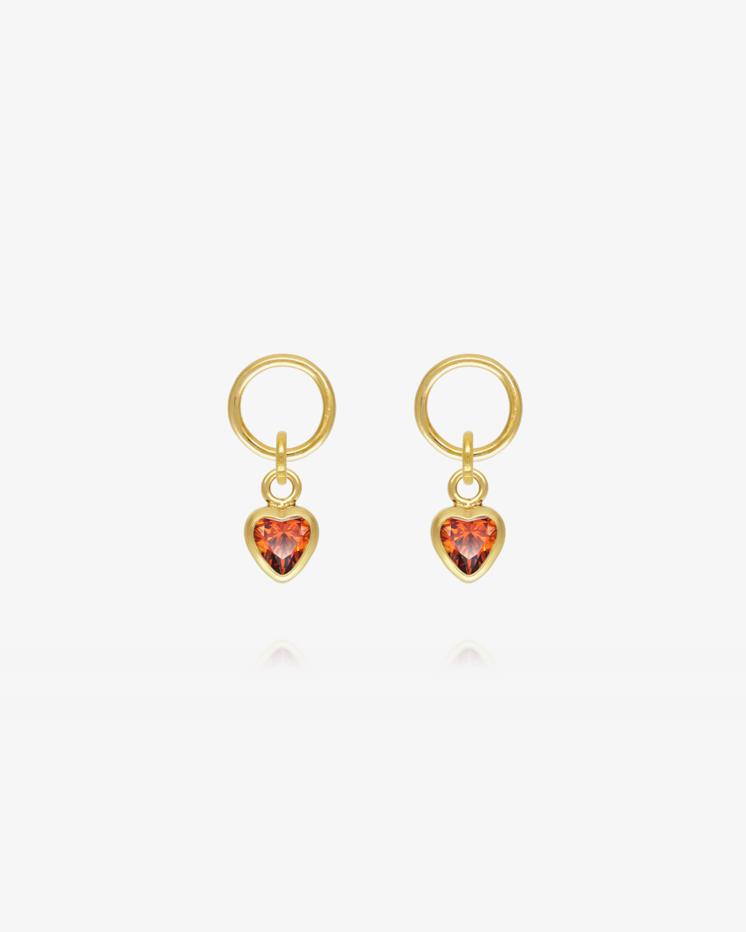 Pair of Ruby CZ heart hoop earring charms in 14k gold fill, the July birthstone