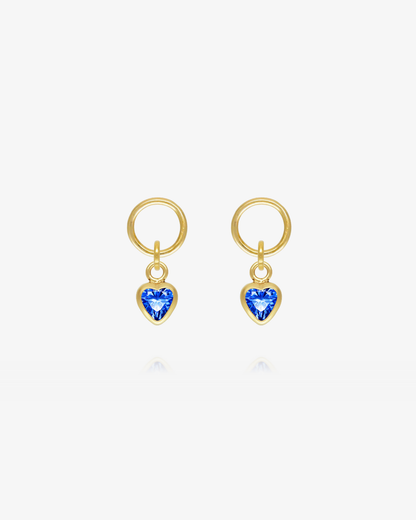 Pair of Sapphire CZ heart hoop earring charms in 14k gold fill, the September birthstone