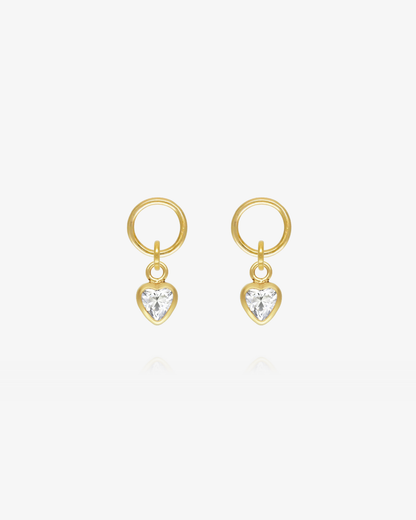 Pair of White CZ heart hoop earring charms in 14k gold fill, the April birthstone